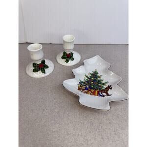 Vintage‎ Christmas Candlesticks and Christmas Tree Tray